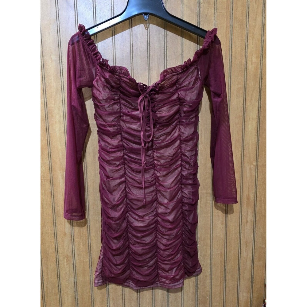 Fashion Nova‎ Maura Mesh Mini Dress Women L Burgundy Ruched Party Prom New
